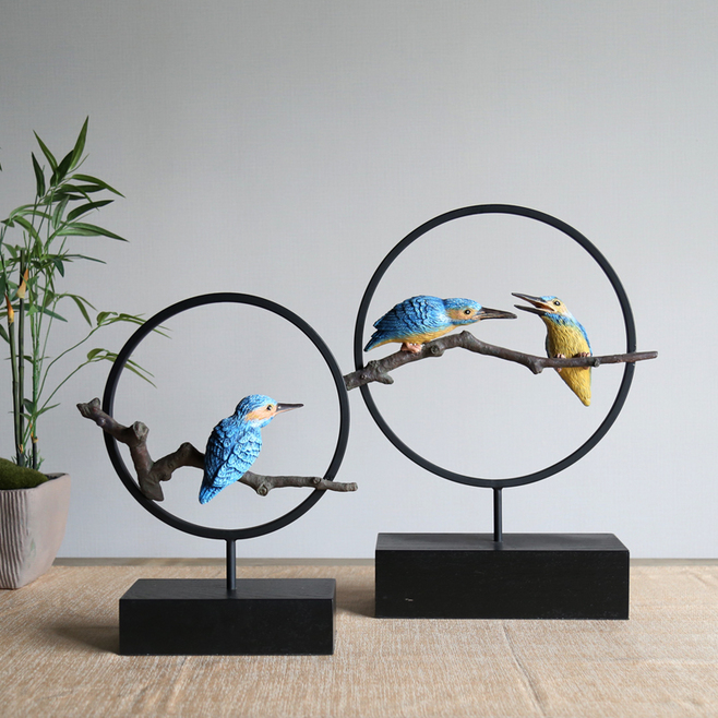 擺件家居飾品 新中式動(dòng)物樹(shù)脂工藝品 壁柜電視柜擺件小鳥圓環(huán)